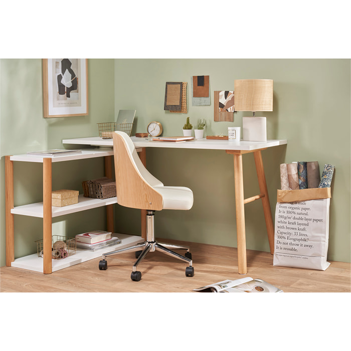 Bureau modulable scandinave blanc et bois chêne massif L140-203 cm GILDA