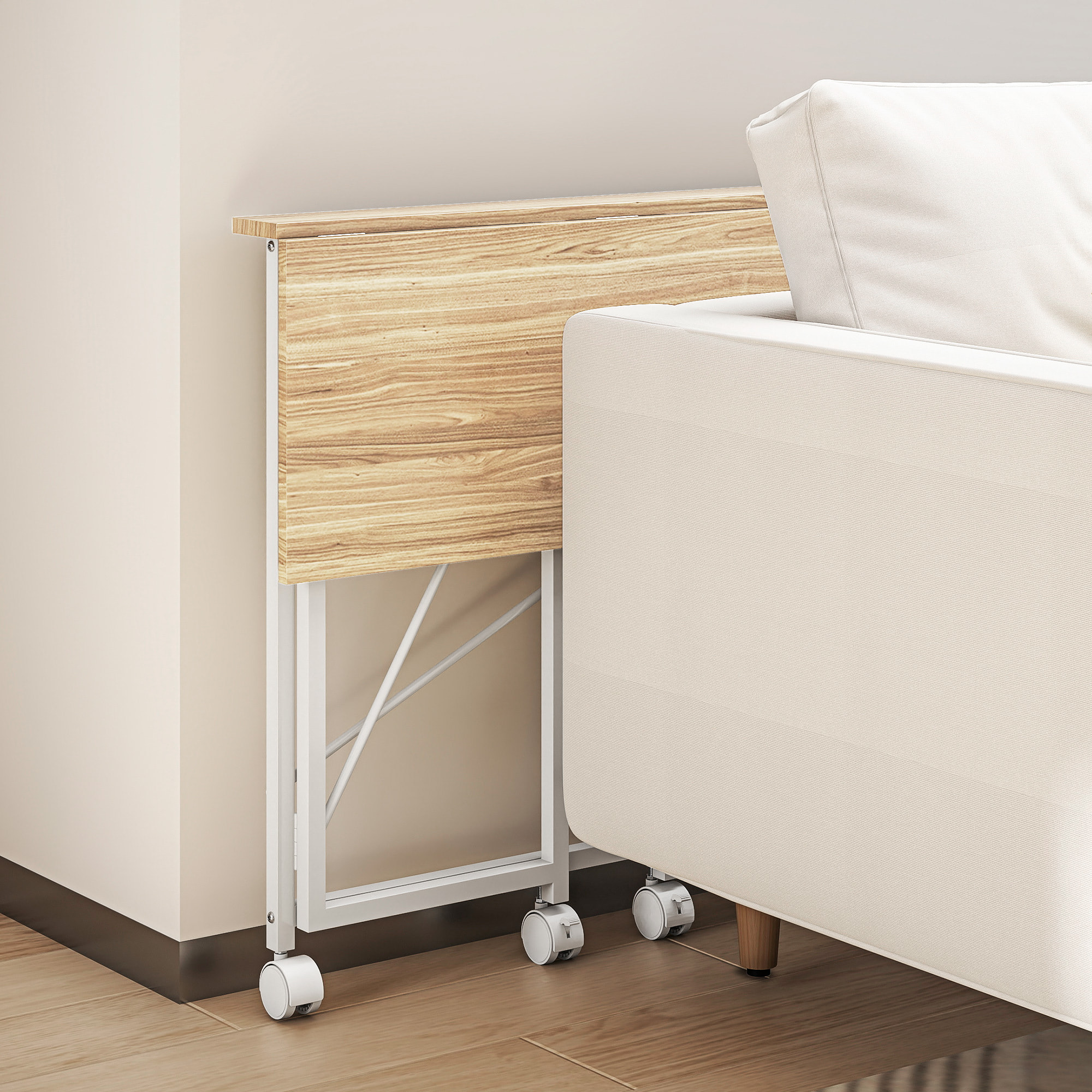 Bureau pliable à roulettes dim. 80x40cm acier blanc effet chêne clair