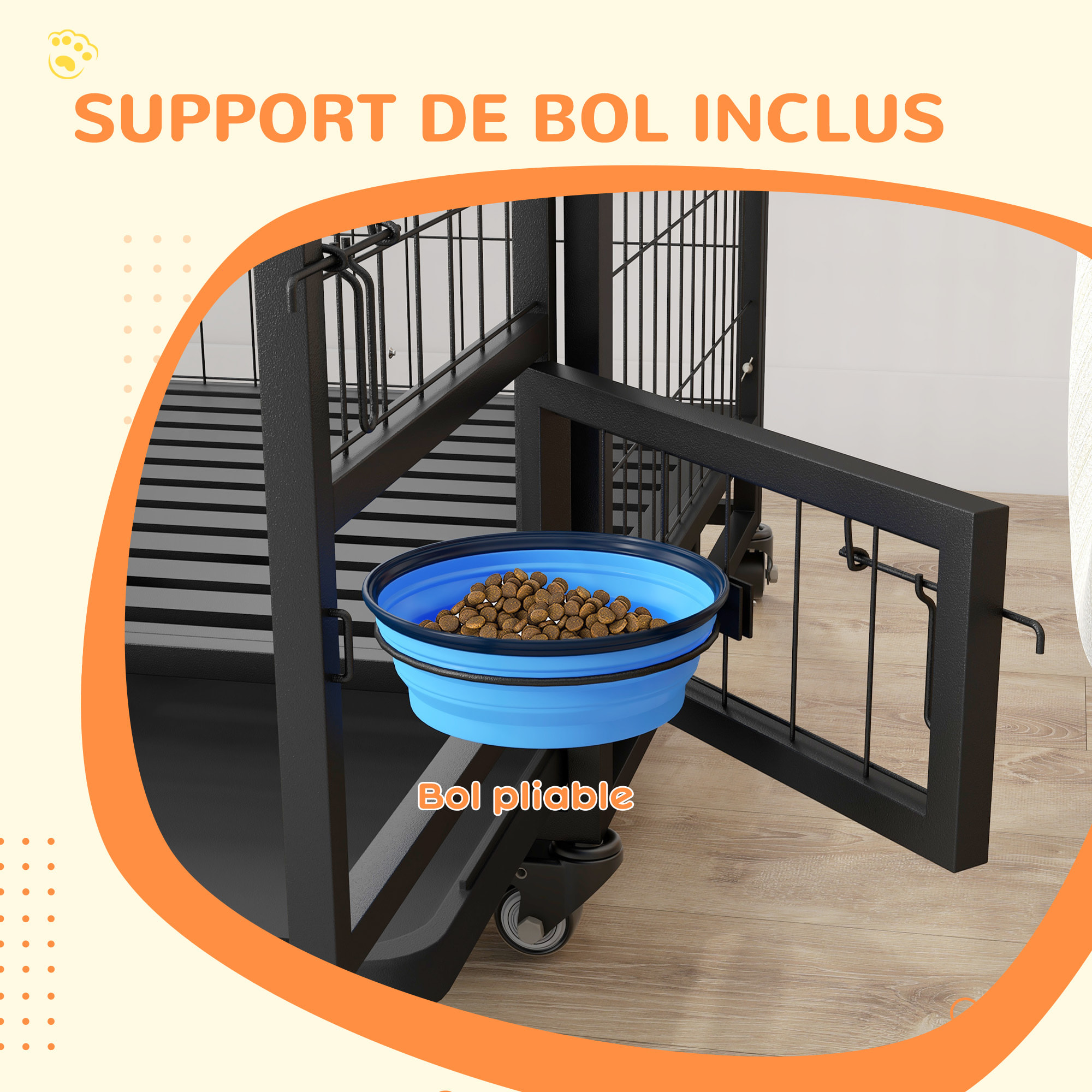 Cage pour chien sur roulettes 2 portes verrouillables - support gamelle, plateau amovible - acier noir