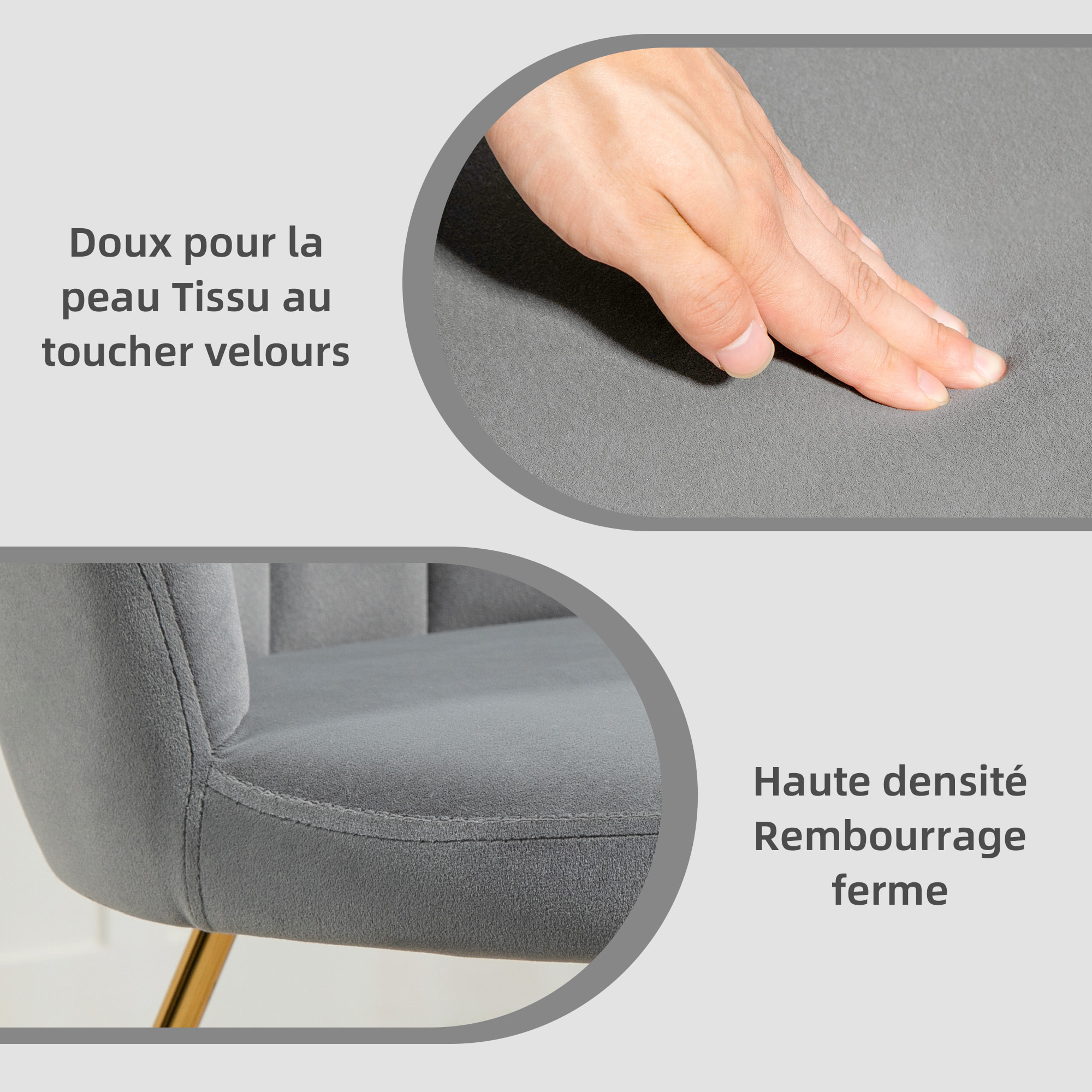 Fauteuil design coquillage piètement acier doré velours gris