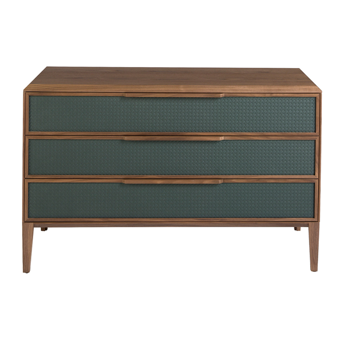 Cómoda con estructura de PVC en verde oscuro y patas de madera chapada en nogal natural 119x46x75cm