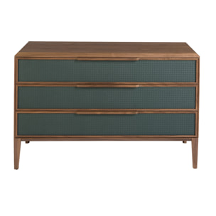 Cómoda con estructura de PVC en verde oscuro y patas de madera chapada en nogal natural 119x46x75cm