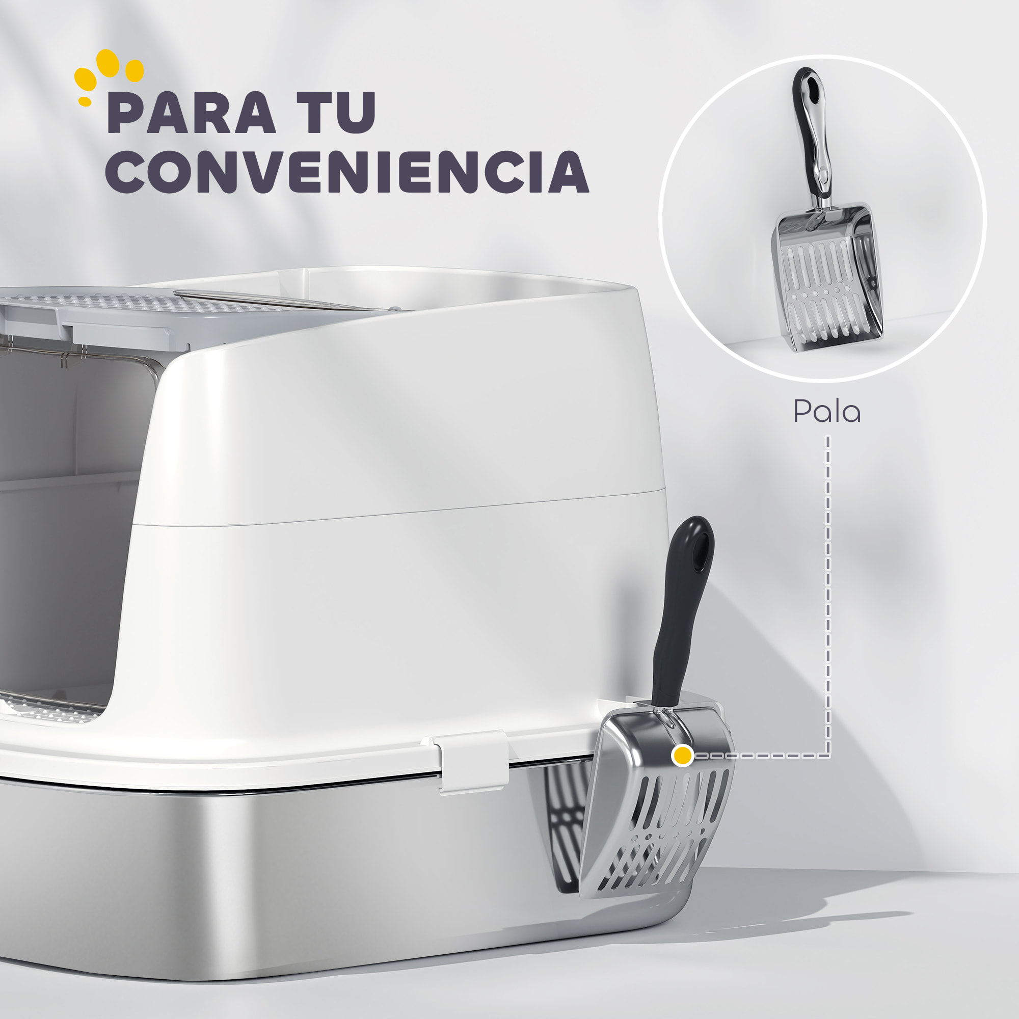 Arenero para Gatos de Acero Inoxidable L, Caja de Arena para Gatos con Tapa Abatible, Pala Metálica, Bolsa Desodorizante, Fácil de Limpiar, Antifugas, Blanco