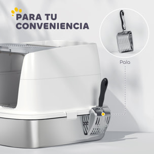 Arenero para Gatos de Acero Inoxidable L, Caja de Arena para Gatos con Tapa Abatible, Pala Metálica, Bolsa Desodorizante, Fácil de Limpiar, Antifugas, Blanco