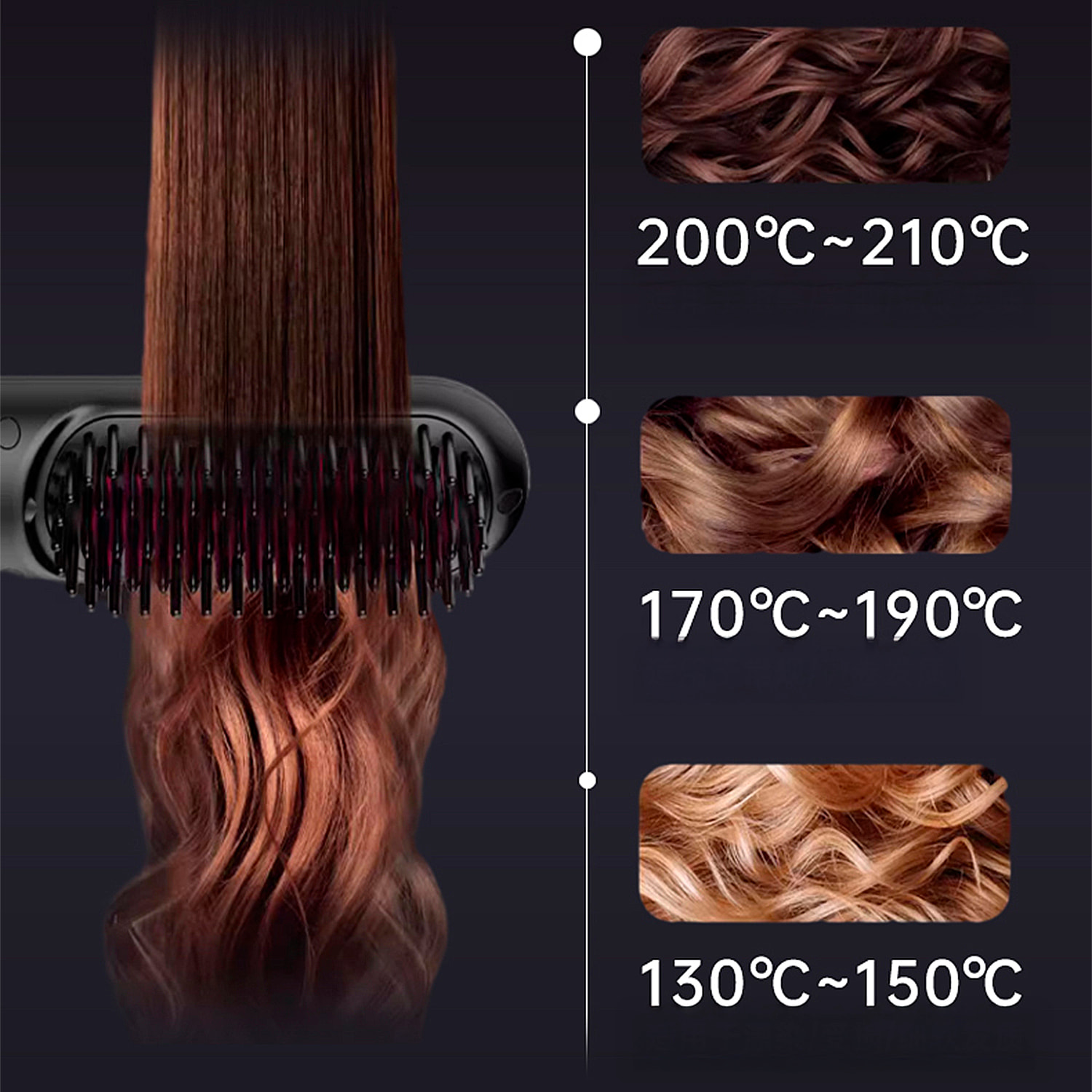 Spazzola elettrica lisciante a ioni negativi con 5 impostazioni di temperatura da 130 °C a 210 °C.