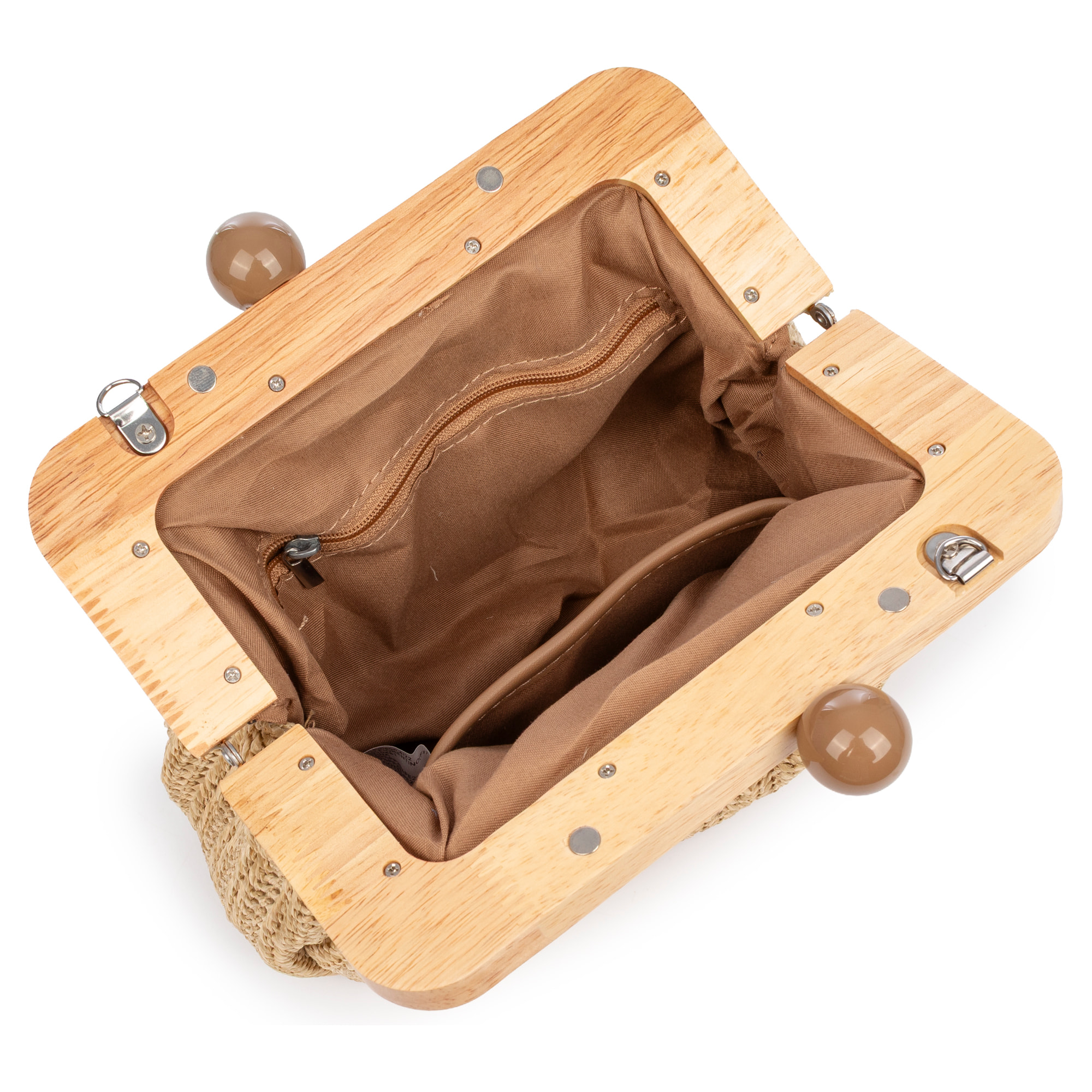 BeneLario Bolso bandolera Mujer. Tela con detalles de madera natural y piel sintética.