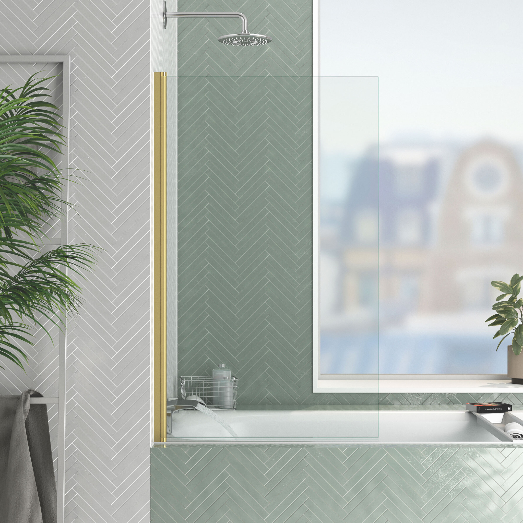 Pare baignoire Rabattable 70x120cm - Profilé finition Or Doré Brossé - Verre Trempé 4mm - ELEMENTARY