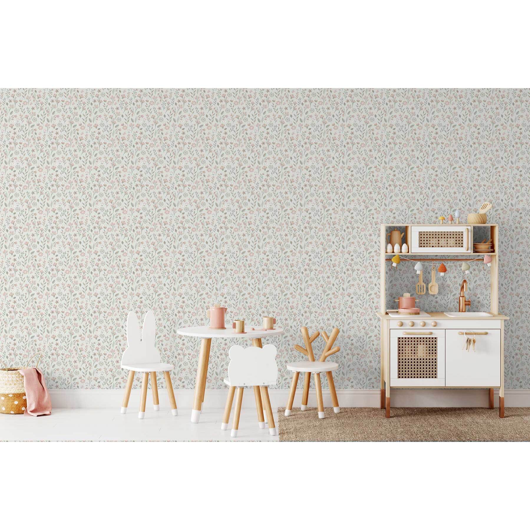 Papier peint floral champêtre rose poudré