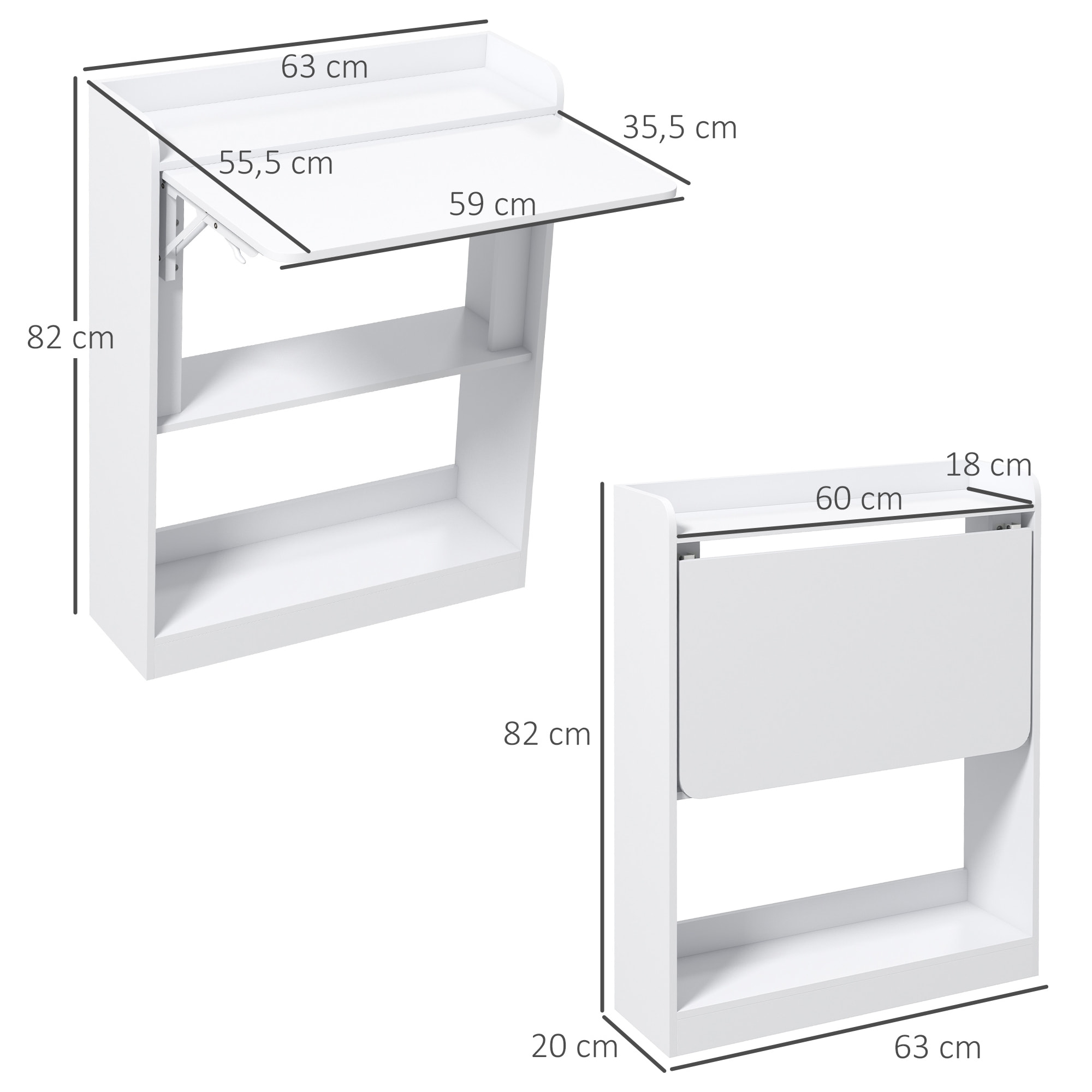 Bureau mural pliable d'appoint table murale rabattable suspendue avec bibliothèque 3 étagères panneaux blanc