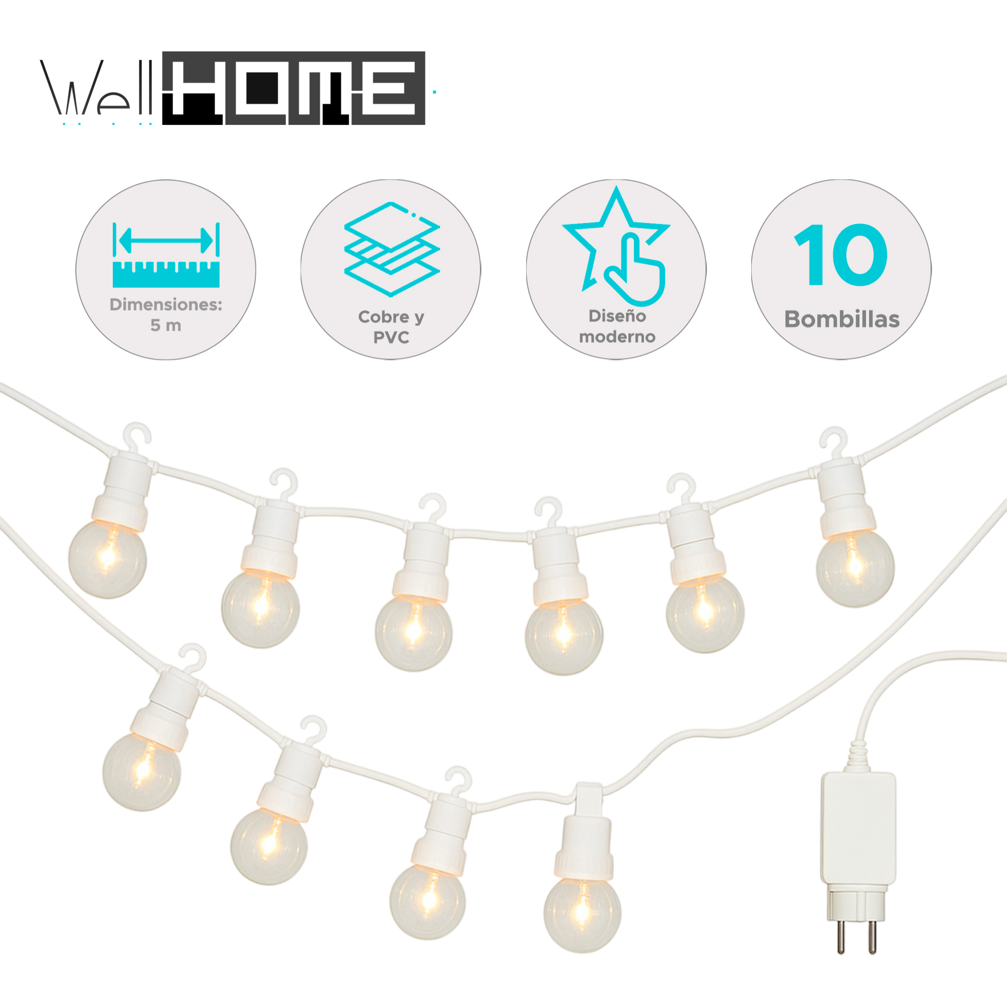 Guirnalda de luces led blancas cálidas para decoración interior, 10 bolas g50 de pvc y cobre, con temporizador y transformador incluido