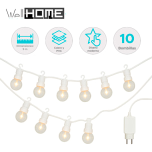Guirnalda de luces led blancas cálidas para decoración interior, 10 bolas g50 de pvc y cobre, con temporizador y transformador incluido