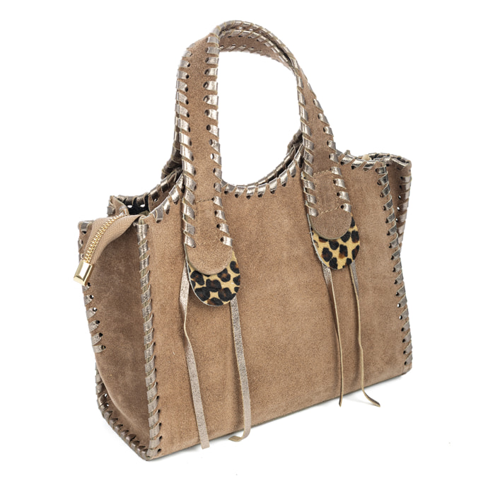 Avio borsa a mano donna. Pelle scamosciata autentica con cucitura decorativa in pelle autentica lucida.