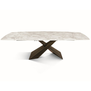 Tavolo FIGARI in vetroceramica bianco arabesco con gambe a X in metallo bronzo, allungabile 180x90 cm - 260x90 cm