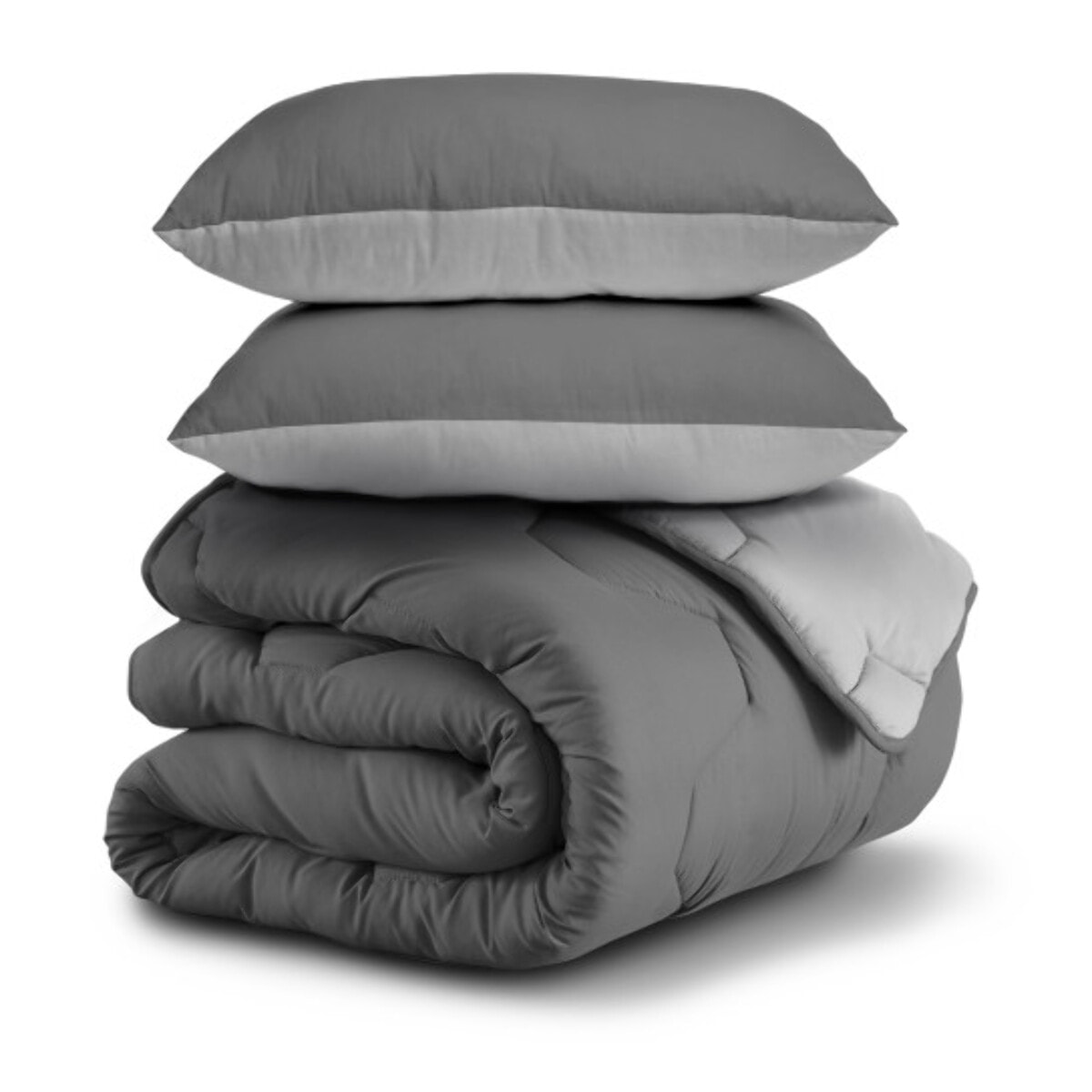 Couette chaude réversible bicolore grise 240x260cm - microfibres 300 g/m2 + 2 oreillers mi-ferme