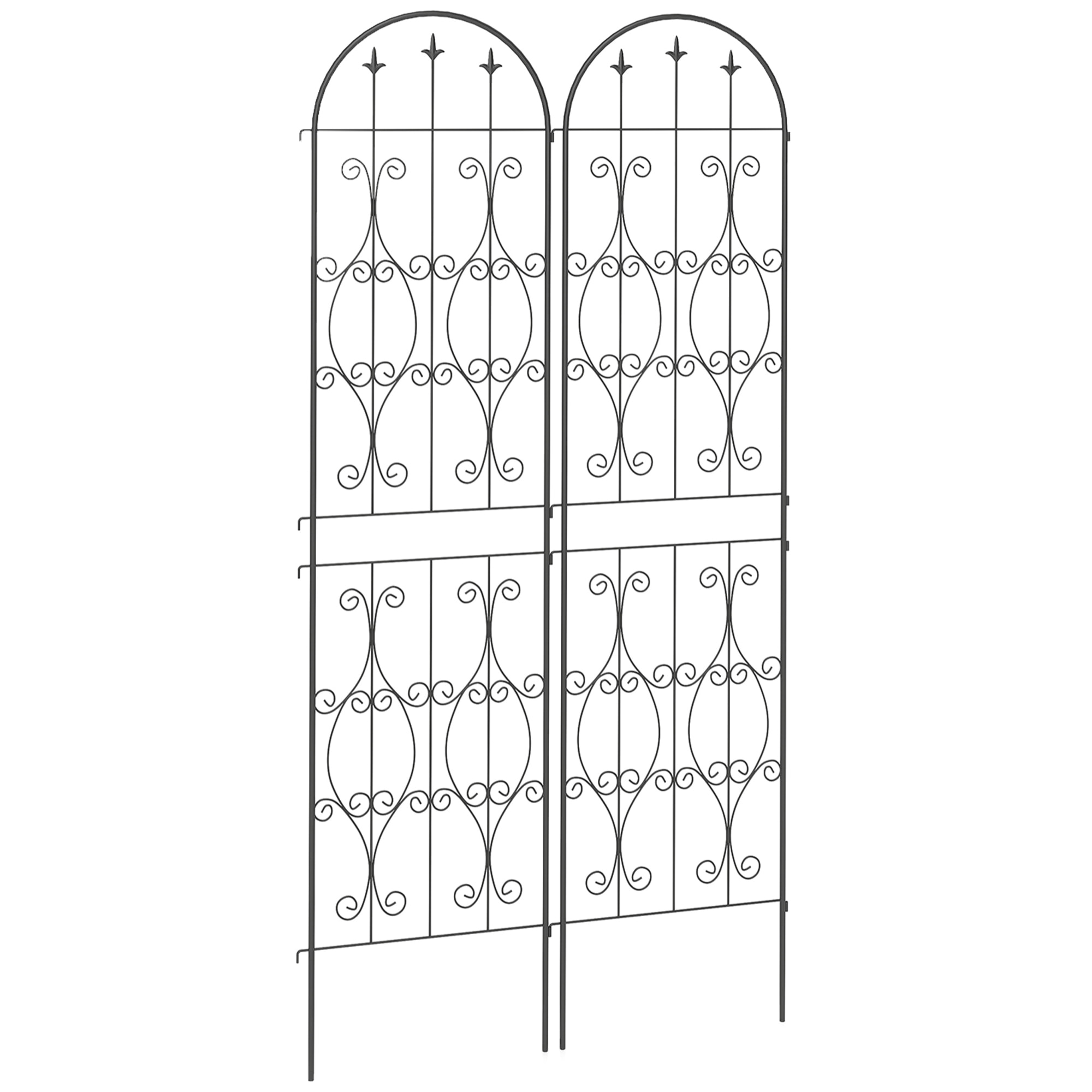 Treillis de jardin effet fer forgé pointe de fleur de lys  - 2 supports plantes grimpantes - 50 x 220 cm - métal époxy noir