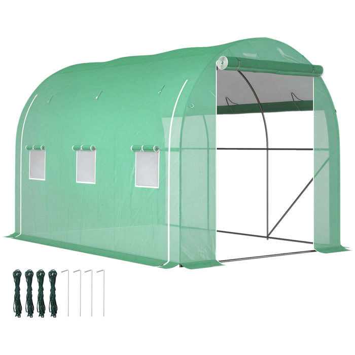 Invernadero de Túnel 296x196x200 cm Invernadero de Jardín con 3 Puertas Enrollables 6 Ventanas Cubierta PE 140g/m² Estructura de Acero Galvanizado para Cultivos Plantas Flores Verde