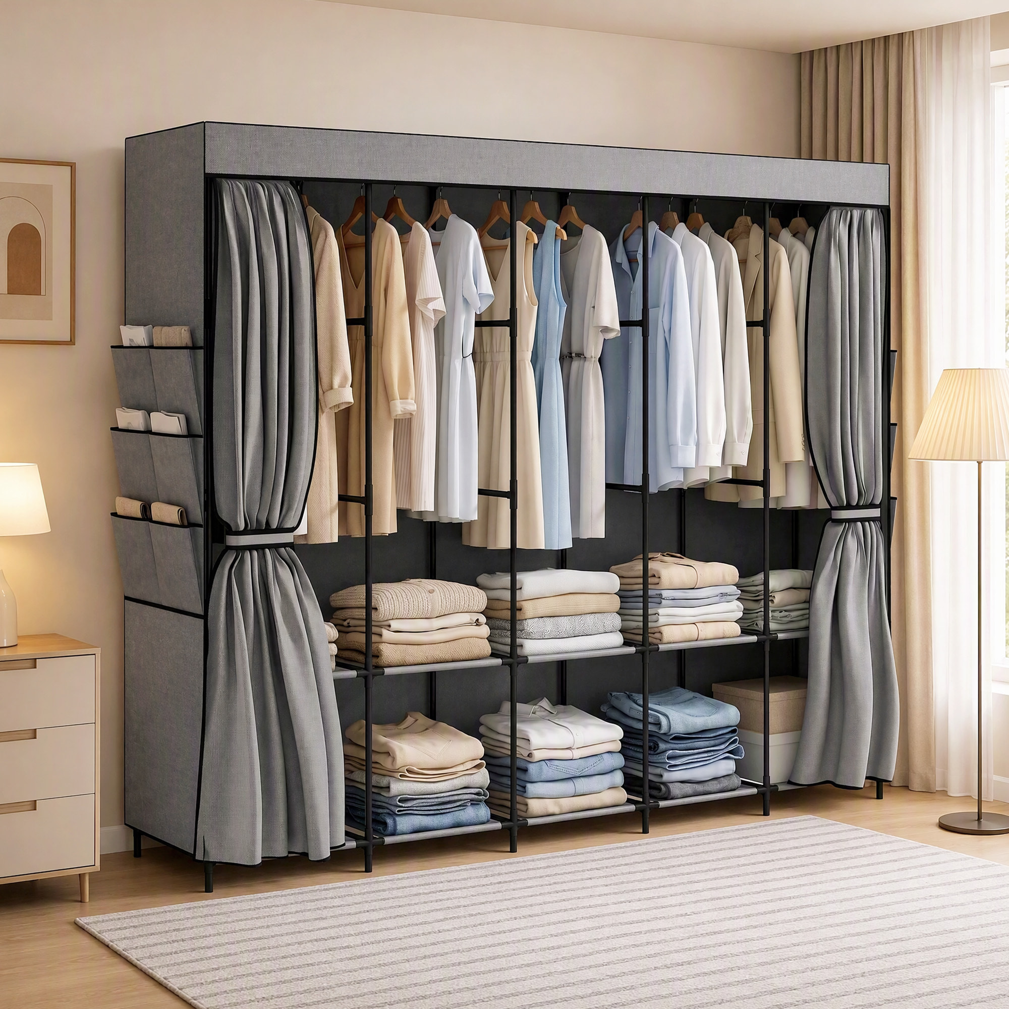 HOMCOM Armario de Tela, Armario Ropero con 5 Barras, 5 Estantes, 6 Bolsillos Laterales, Cremallera, Marco de Acero, para Dormitorio, Espacio Pequeño, 212x45x167 cm, Gris
