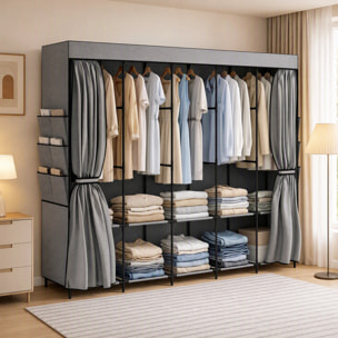 HOMCOM Armario de Tela, Armario Ropero con 5 Barras, 5 Estantes, 6 Bolsillos Laterales, Cremallera, Marco de Acero, para Dormitorio, Espacio Pequeño, 212x45x167 cm, Gris