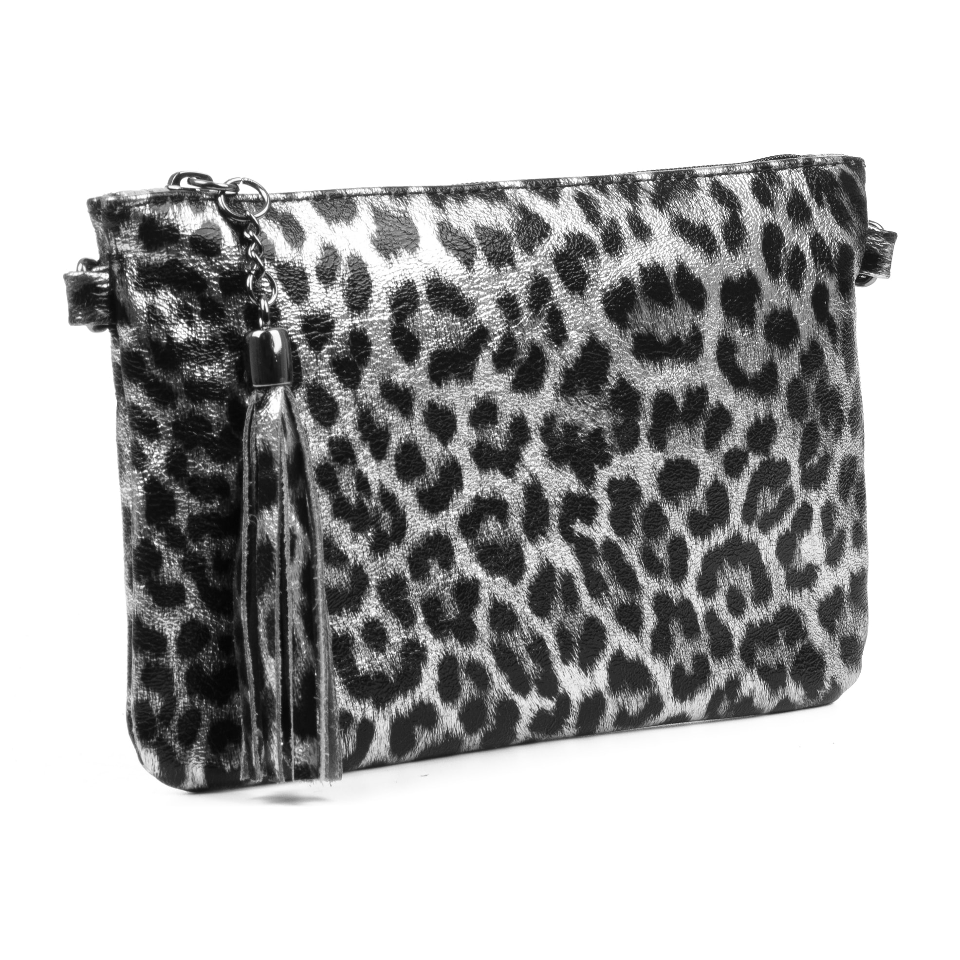 Oleggio bolso bandolera mujer. Piel auténtica Gamuza con estampado de animal print leopardo y lacada brillante.