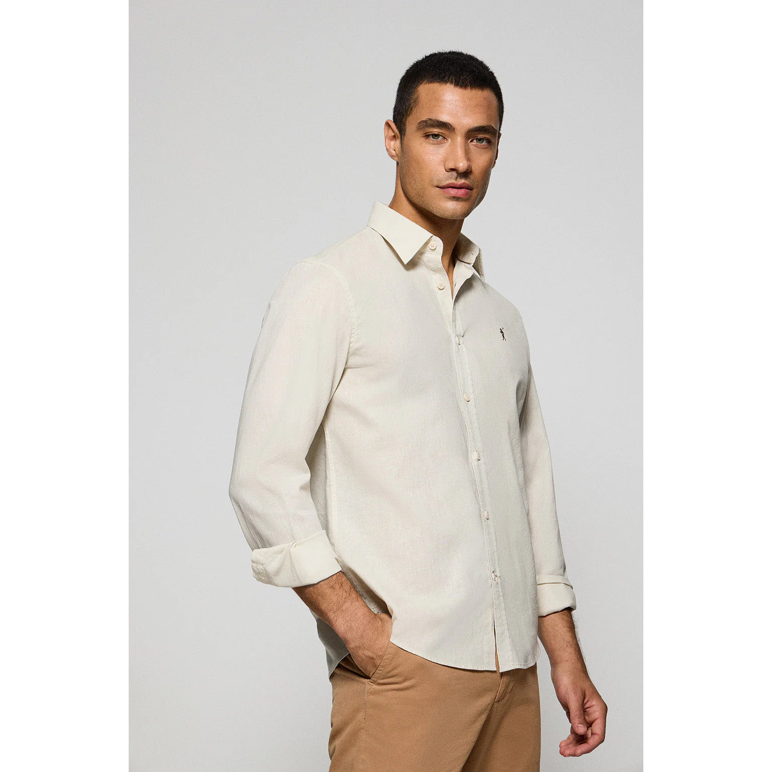 Camisa beige regular de lino y algodón con bordado Rigby Go