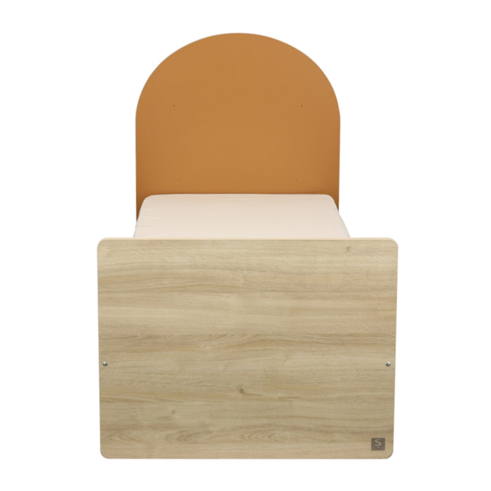 Lit junior 90x190 avec sommier et matelas - décor bois chêne sépia - tête de lit forme arche