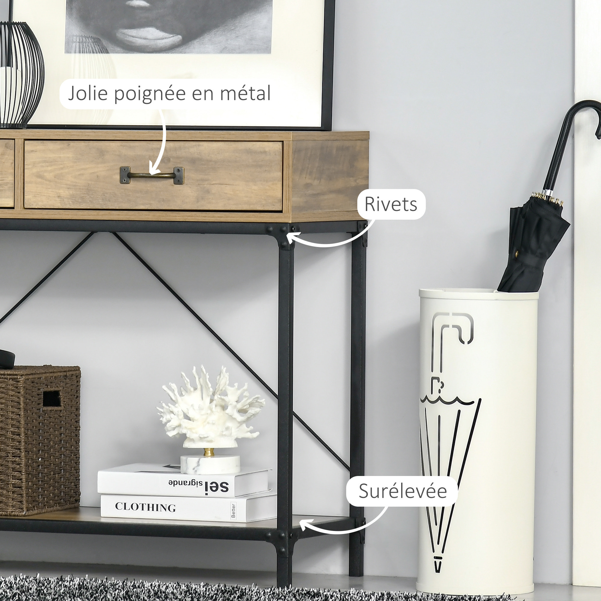 Console table d'appoint design industriel dim. 100L x 35l x 76H cm 2 tiroirs poignées laiton vieilli étagère métal noir aspect bois veinage