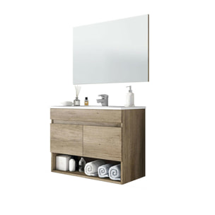 Mobile sottolavabo Shreveport, Mobiletto per bagno a 2 ante, Armadietto sospeso con ripiano e specchio, lavabo non incluso, cm 80x45h64, Quercia