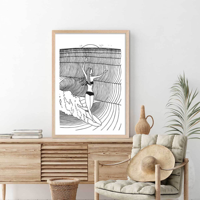 Poster surfeuse nose-riding Affiche + cadre en bois - Chêne
