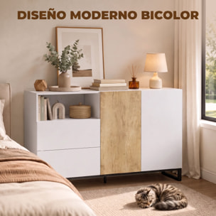 Aparador de 2 Puertas, Aparador de Salón Estrecho con 2 Cajones, Compartimento Abierto, Armario de Cocina con Estante Ajustable, para Entrada, Dormitorio, 140x40x85 cm, Blanco y Roble