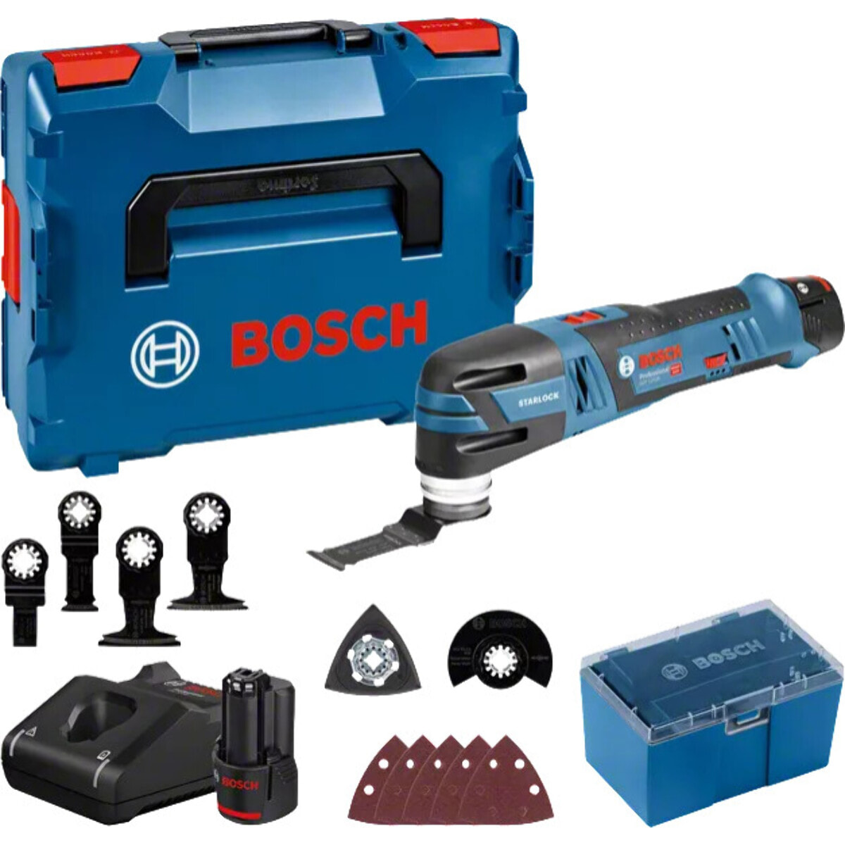 Découpeur-ponceur BOSCH GOP 12V 28 - 2 batteries 12V 3.0 Ah, chargeur, coffret + 6 lames de scies et 5 abrasifs - 06018B5006