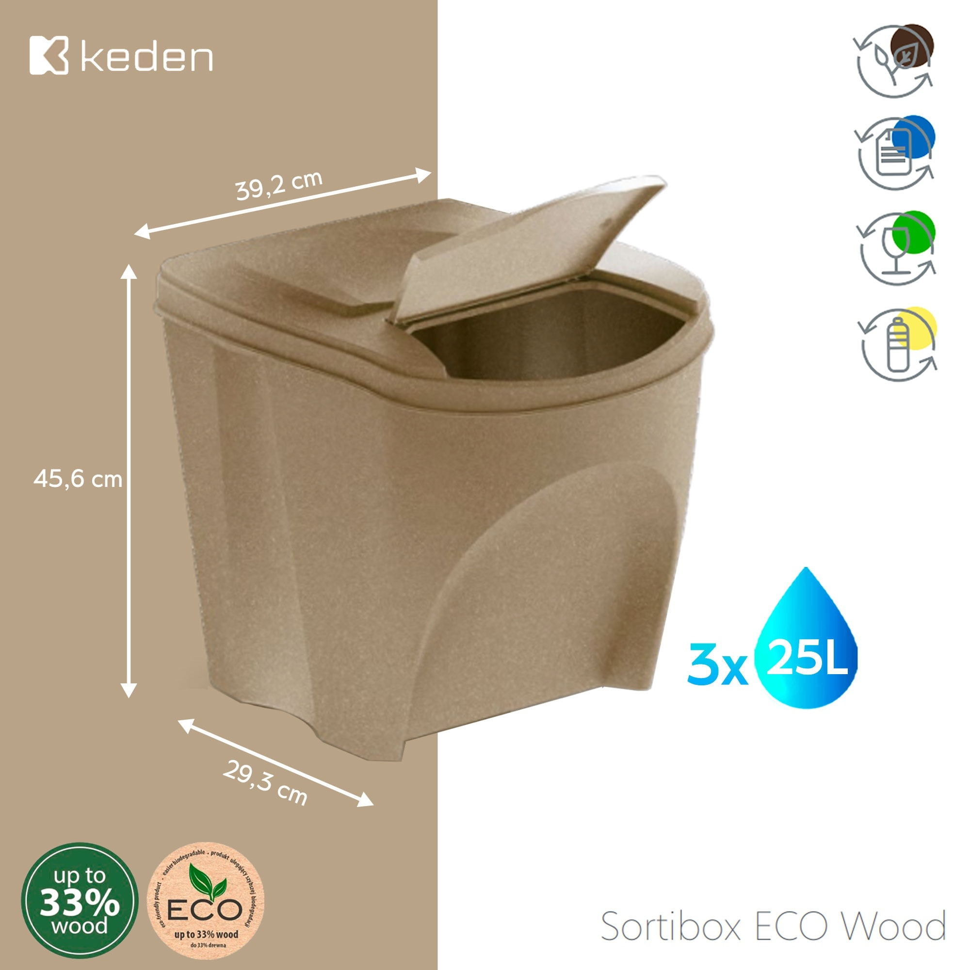 Set de 3 cubos de basura papelera reciclaje, antracita eco, volumen 3x25l