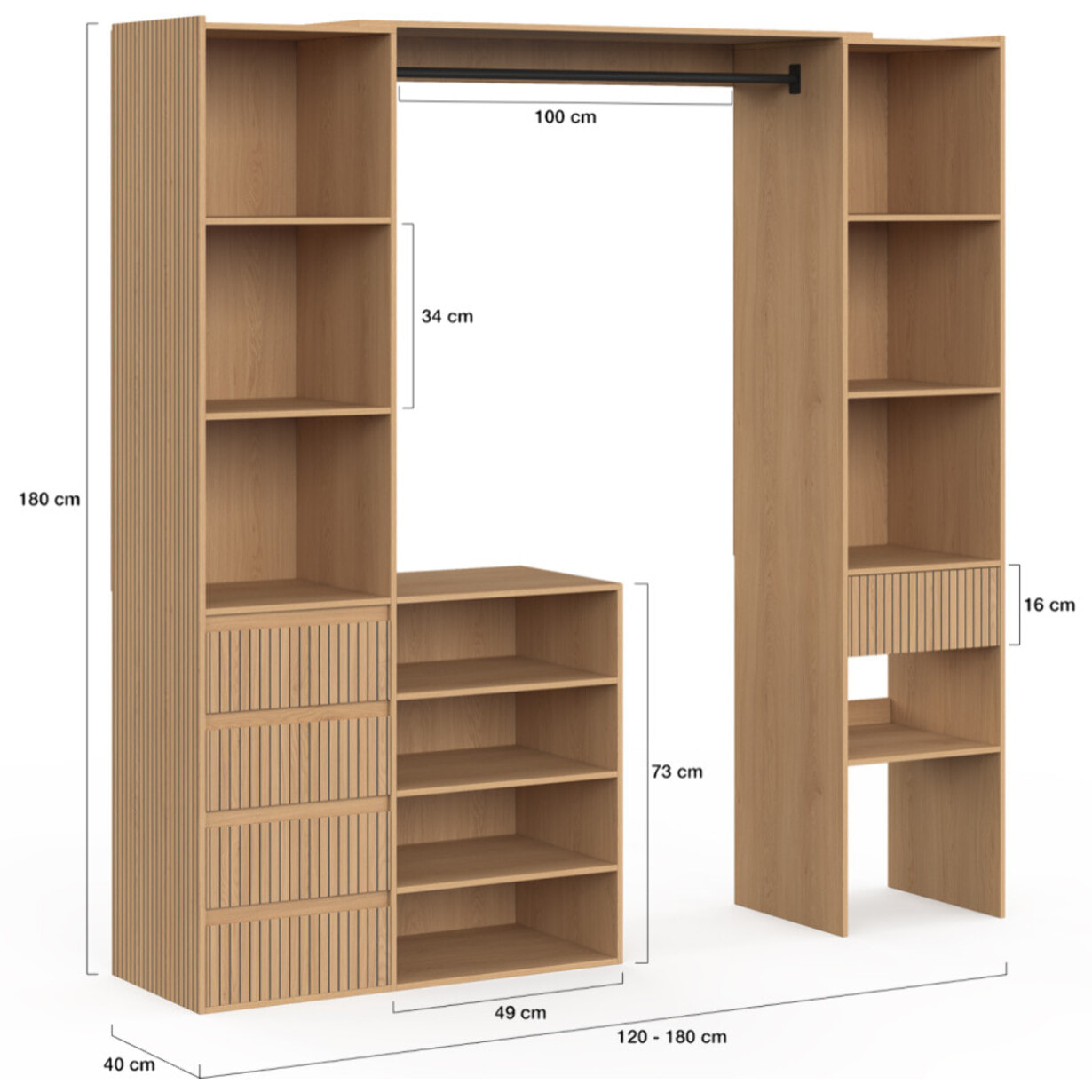 Dressing Faustine extensible 120-180cm 5 tiroirs effet lattes