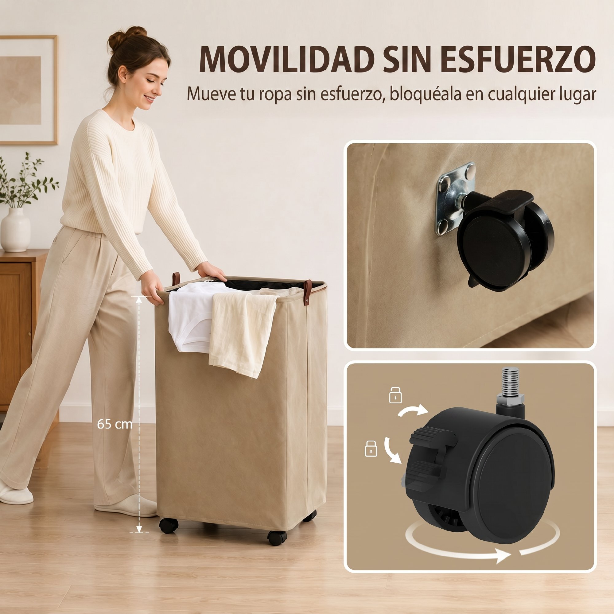 Cesto de Ropa Sucia con Tapa y Ruedas, 50L, Cesta de Ropa Sucia Plegable con Bolsa con Cordón Extraíble y Lavable, para Lavandería, Dormitorio, Baño, 40x30x65 cm, Camel