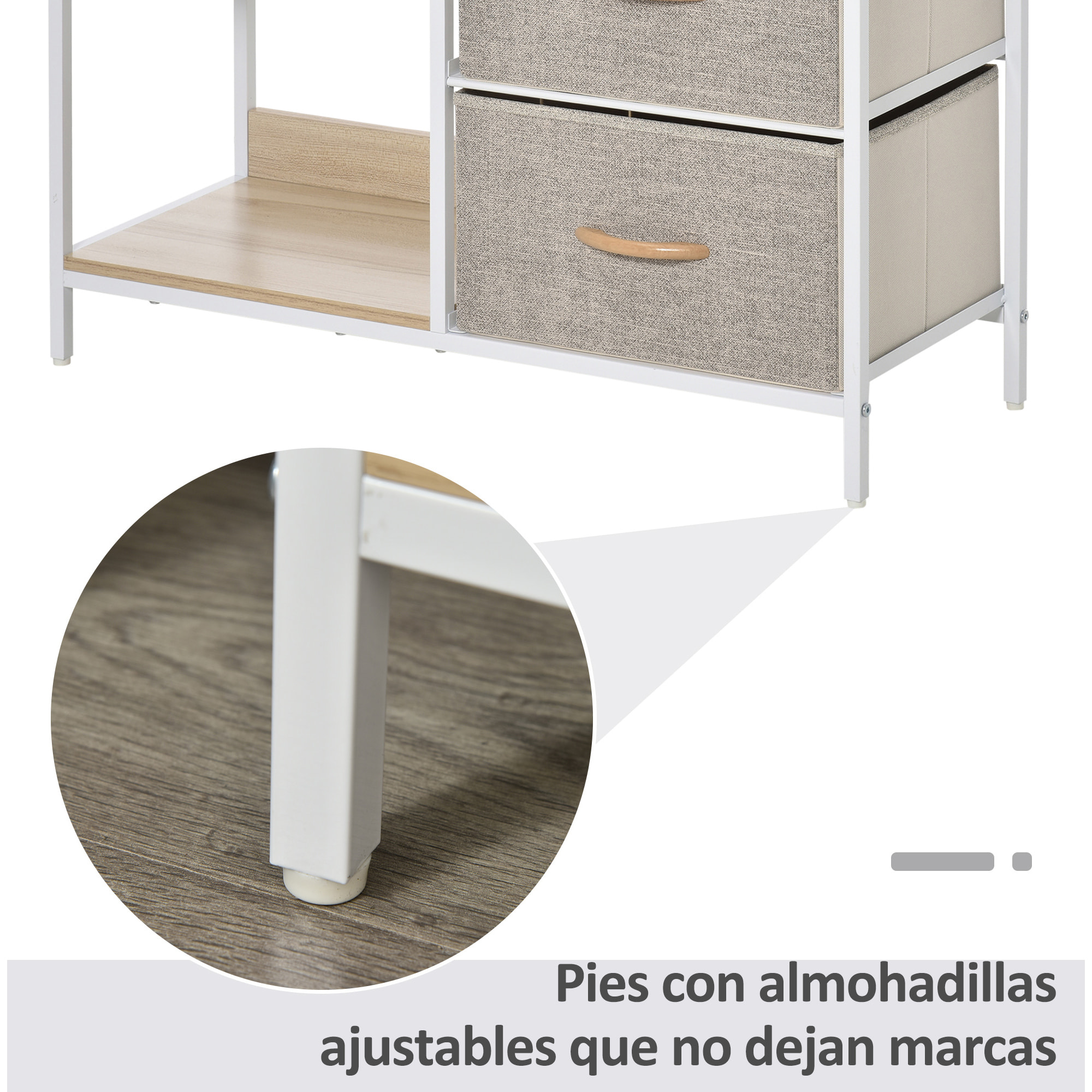 Cajonera de Tela Estrecha, Cómoda de Tela con 3 Cajones Plegables, 2 Estantes Abiertos y Amplia Encimera, Cómoda para Dormitorio, Salón y Pasillo, Natural y Gris Claro