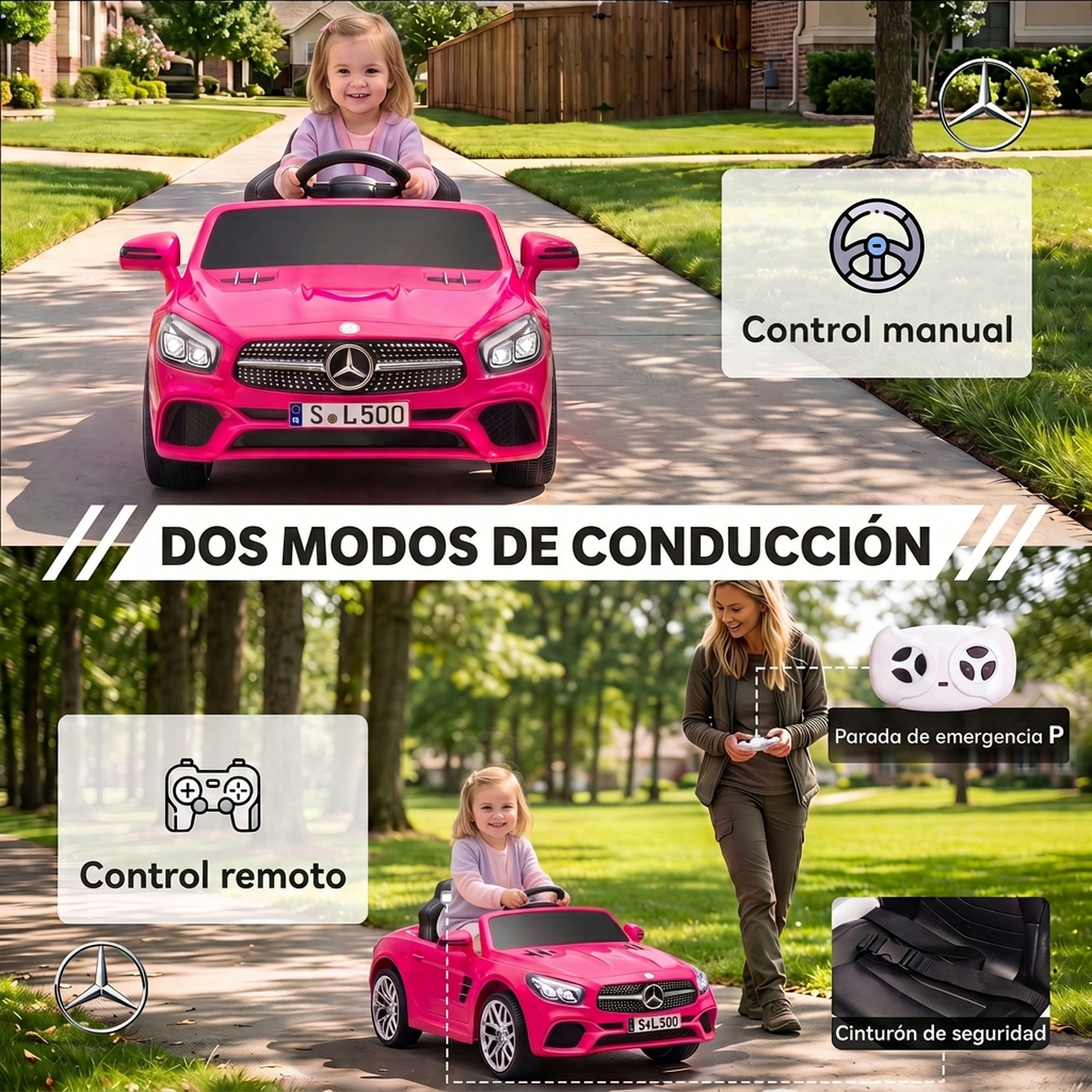 Coche Eléctrico para Niños Mercedes-Benz SL500 Coche de Batería Litio 12V con Mando a Distancia 2,4 G 2 Motores Suspensión Arranque Suave Luces Música Claxon Bluetooth 3-5 Años 3-5 km/h Rosa
