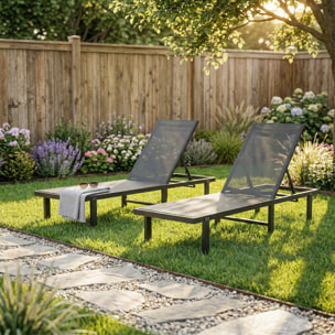 Pack de 2 Tumbonas de Jardín Exterior, Tumbonas Reclinables con Ruedas, Respaldo Ajustable de 4 Niveles, Estructura de Aluminio y Tela Textilene, Resistentes, para Playa, Piscina, Gris Oscuro