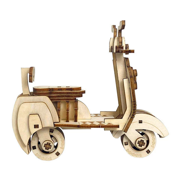 Maqueta de Madera 3D, con movimiento mecánico diseño de Motocicleta Antigua. 69 piezas.