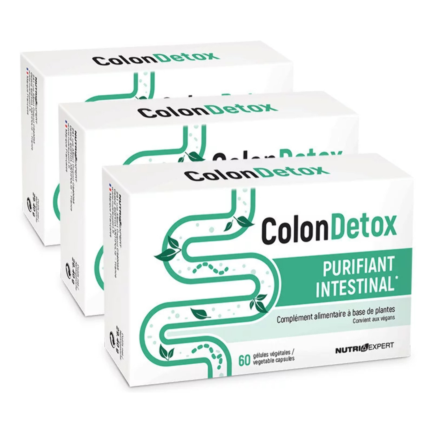 NUTRIEXPERT - Colon Detox - Complément alimentaire à base de plantes - Purifie et détoxifie le côlon - Sans ingrédients d'origine animale – Vegan - 60 gélules - Fabriqué en France - Lot de 3 produits