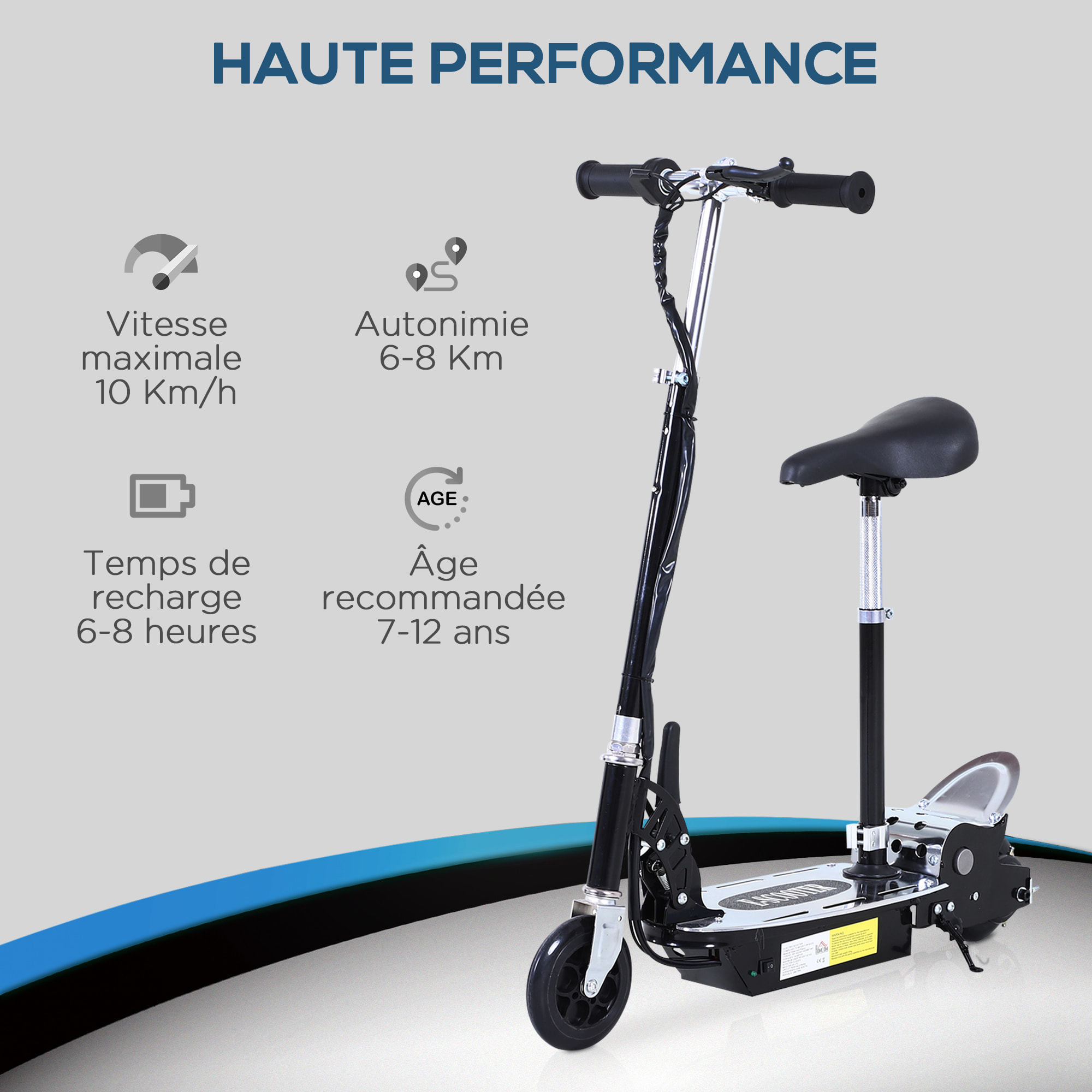 Trottinette électrique 120 W pliable pour enfant de 7 à 12 ans hauteur guidon et selle réglable 10 Km/h max. noir