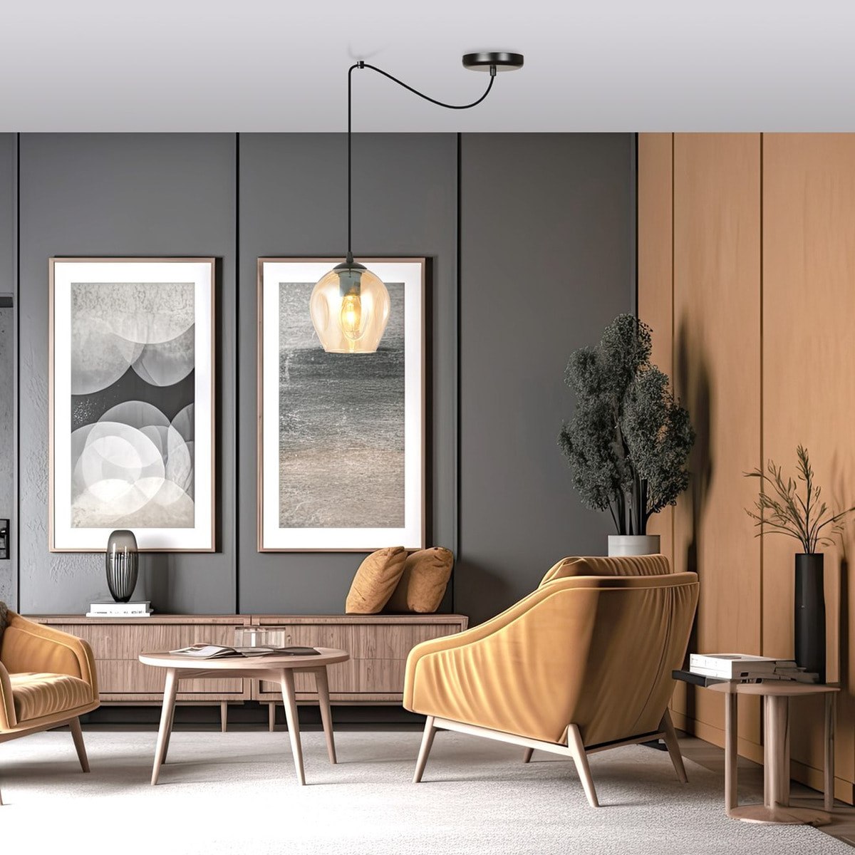 Lampada a sospensione LEVEL in acciaio nero e vetro ambrato