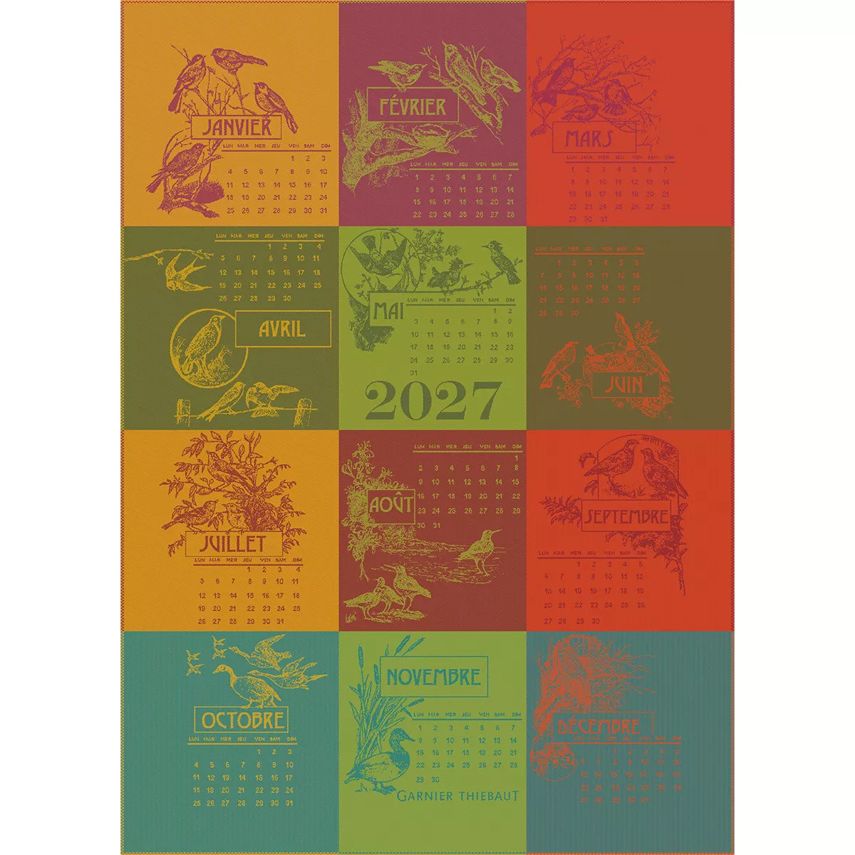 Torchon pur coton motif jacquard jaune rouge Calendrier 2027 celebration