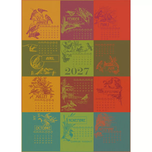 Torchon pur coton motif jacquard jaune rouge Calendrier 2027 celebration
