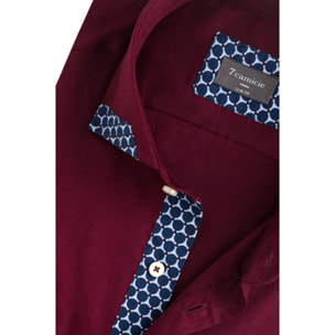 Camicia Uomo 1 Bottone Francese Contrasto sul Collo Popeline Stretch Unito Bordeaux