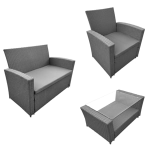 Salon de jardin COMINO en résine tressée grise 4 places - coussins gris