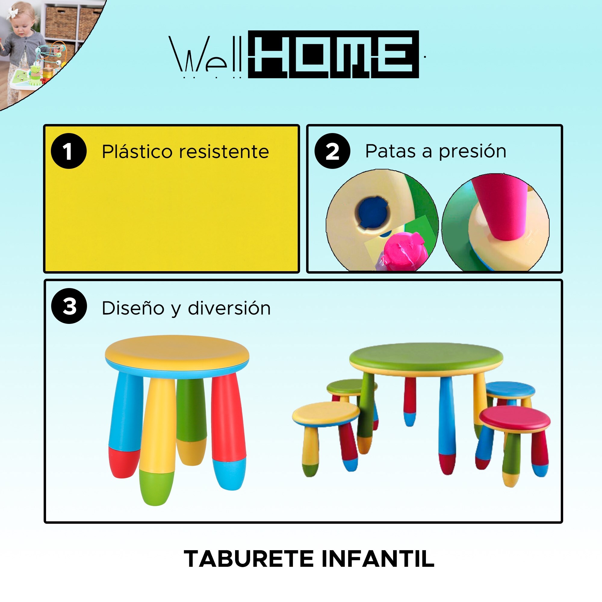 Well home - taburete infantil amarillo en plástico fuerte y resistente, diá:30 cm x h:26 cm