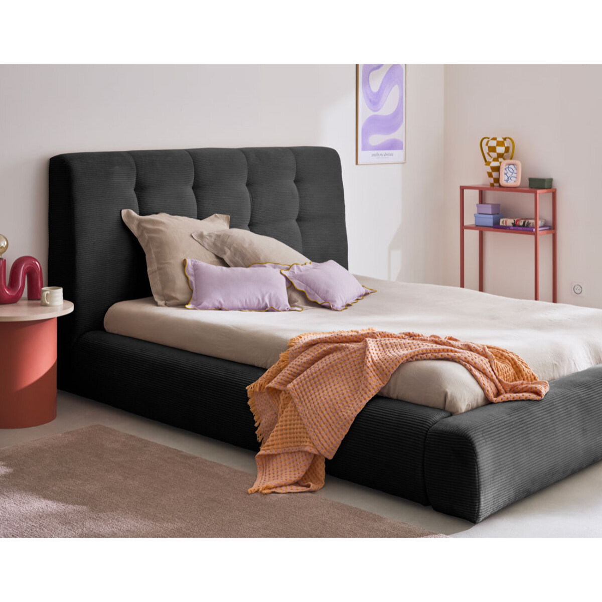 Onyx - lit coffre - 160x200 cm - en velours côtelé - sommier inclus - Gris foncé