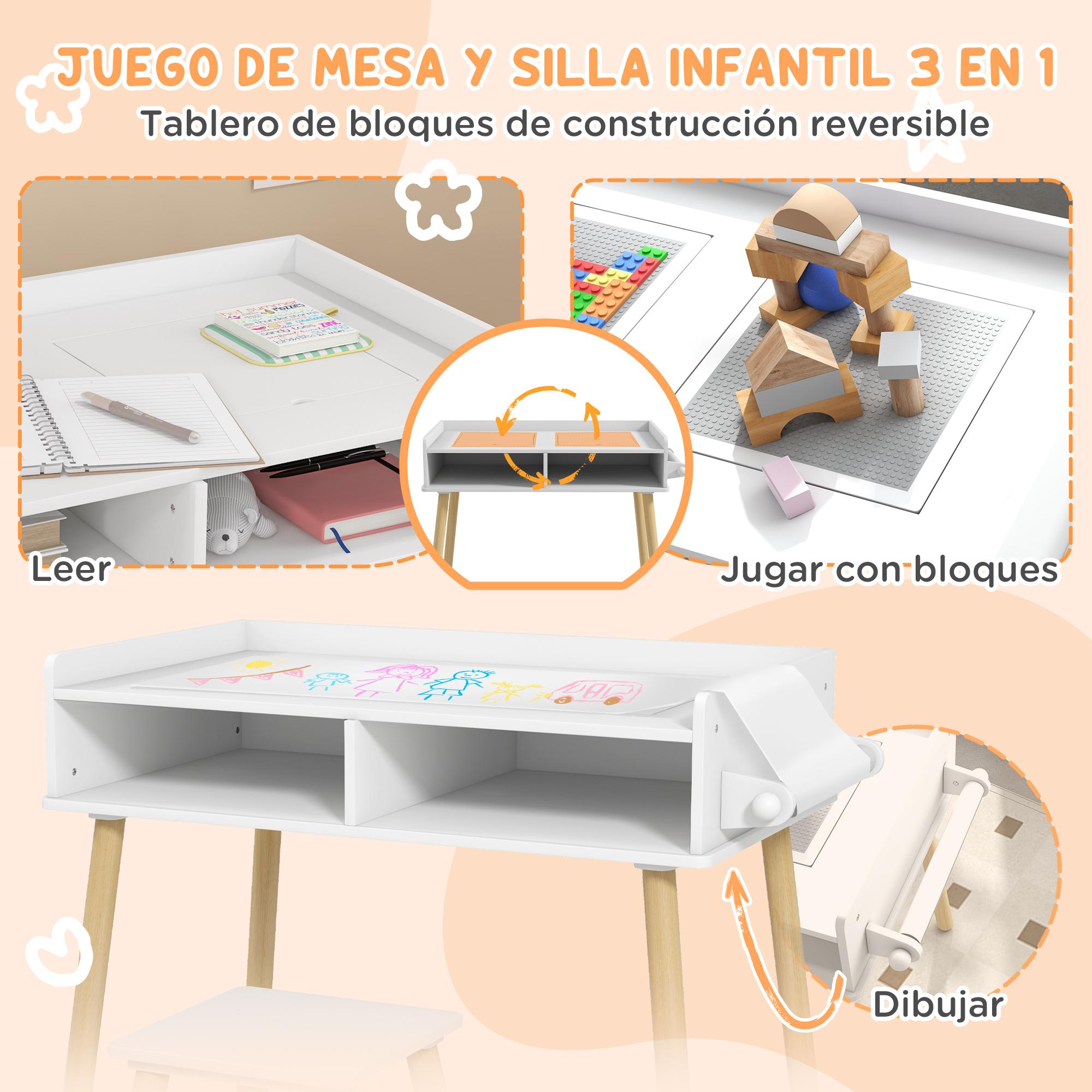 Juego de Mesa y Silla Infantil Mesa para Niños con Tablero de Bloques de Construcción y Rollo de Papel para Jugar Dibujar en Guardería Sala de Juegos Blanco