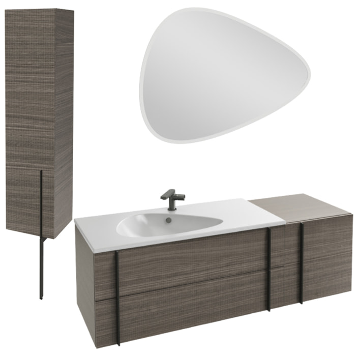 Meuble vasque 145 cm Nouvelle Vague chene tranché + tiroir rack + colonne + miroir