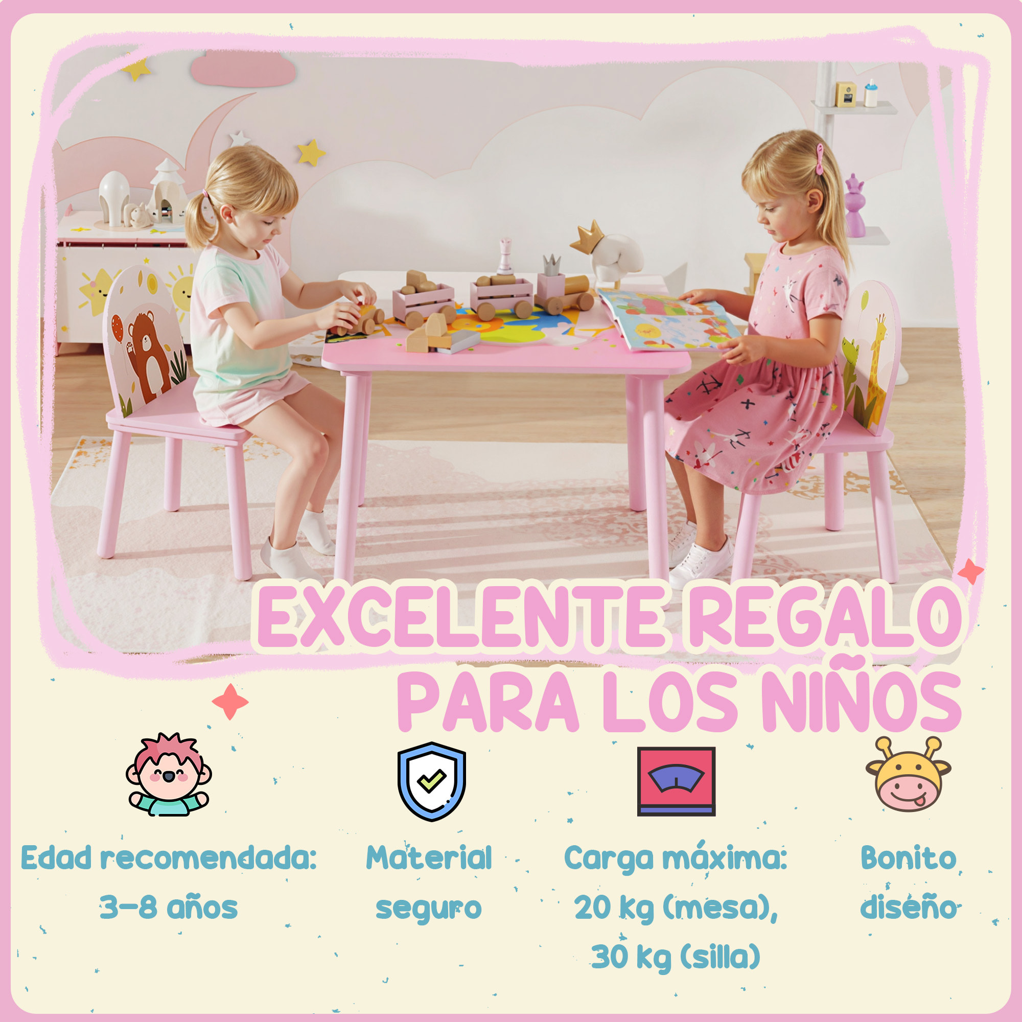 Mesa Infantil con 2 Sillas, Mesa y Sillas Infantil con Estampados de Animales, para Niños y Niñas de 3-8 Años, para Hogar, Guardería, Aulas, Rosa