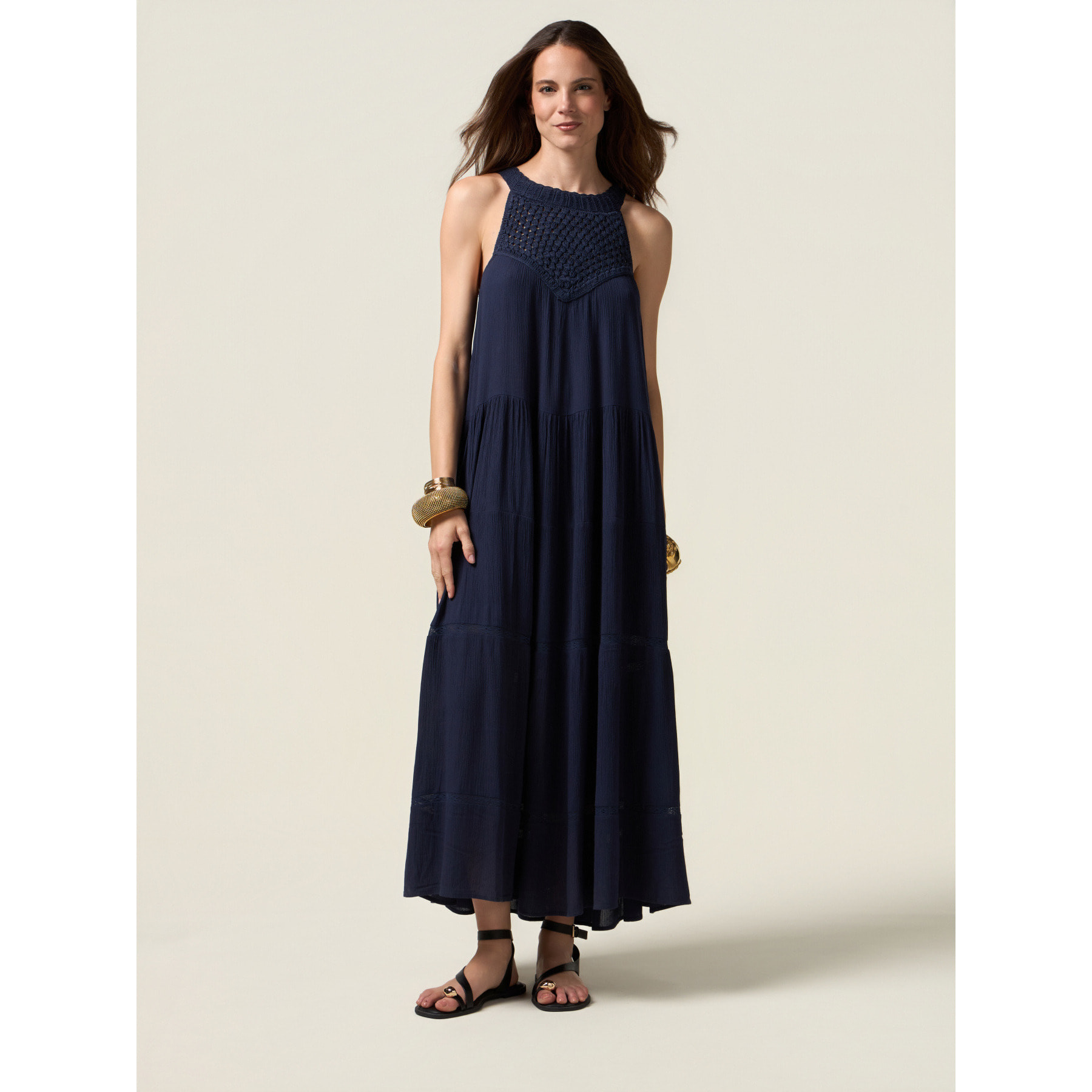 Oltre - Vestito lungo con inserto in crochet - Blu